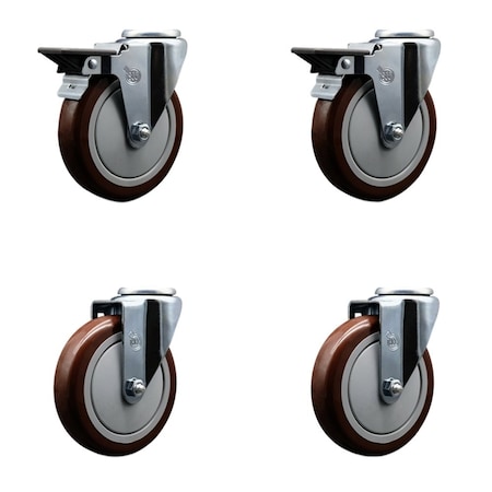 Service Caster 5'' Maroon Poly Wheel Swivel Bolt Hole Caster Set with 2 Posi Lock Brakes, 4PK SCC-BH20S514-PPUB-MRN-PLB-2-S-2